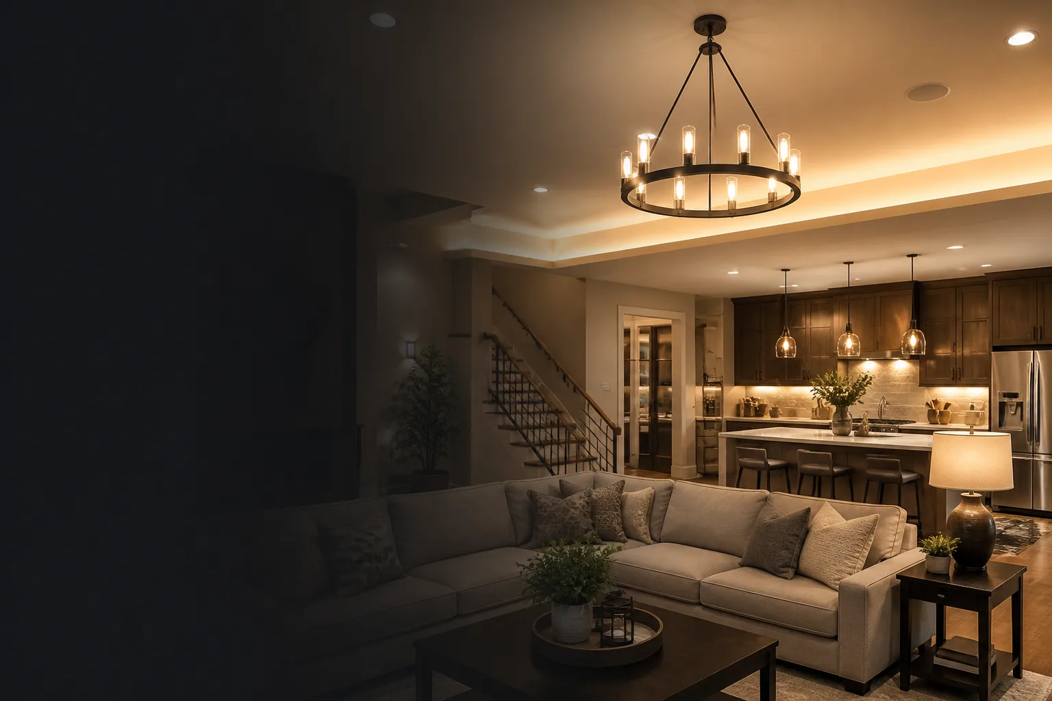 Layered residential lighting in a modern American home interior