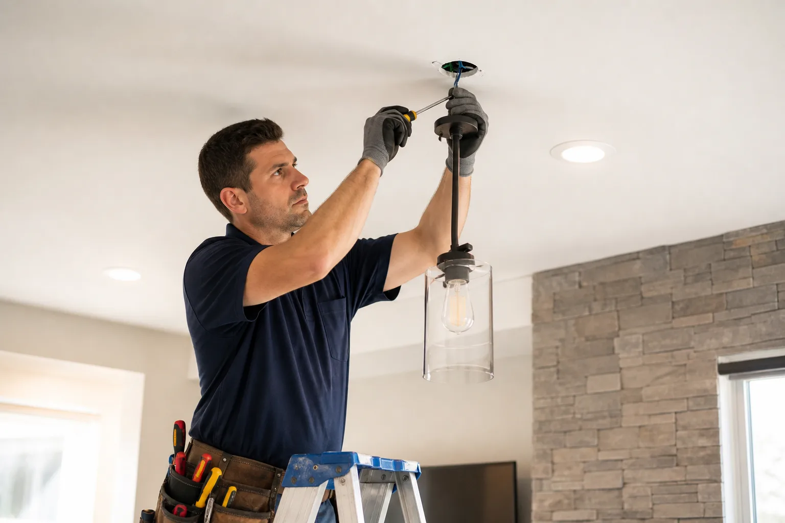 Electrician installing residential lighting fixtures