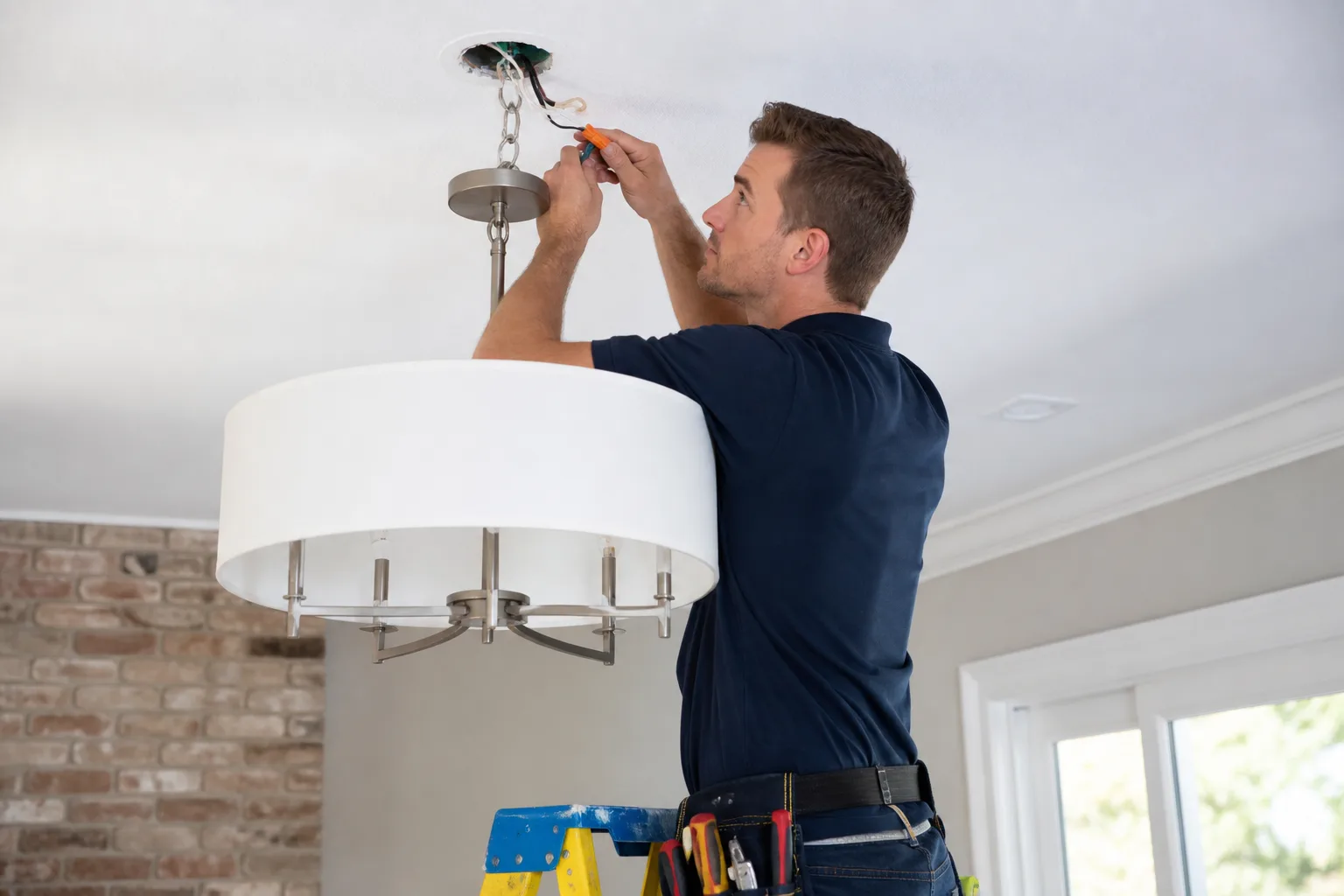 Electrician installing a residential ceiling light fixture