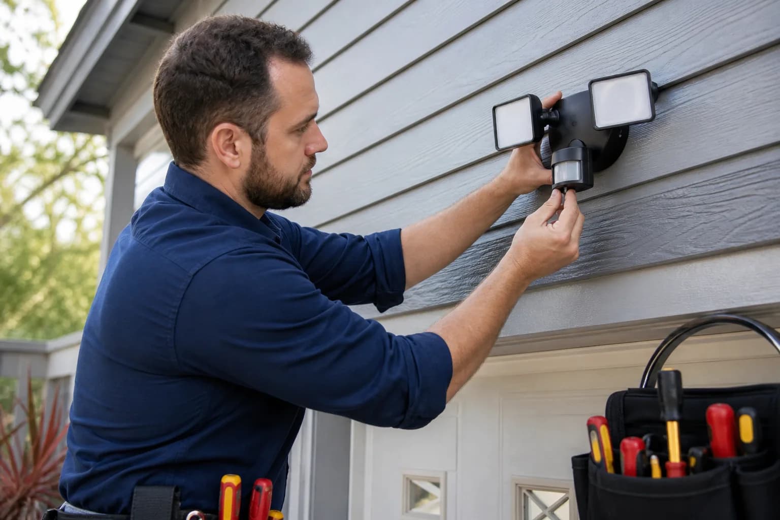 Electrician installing a residential motion sensor light