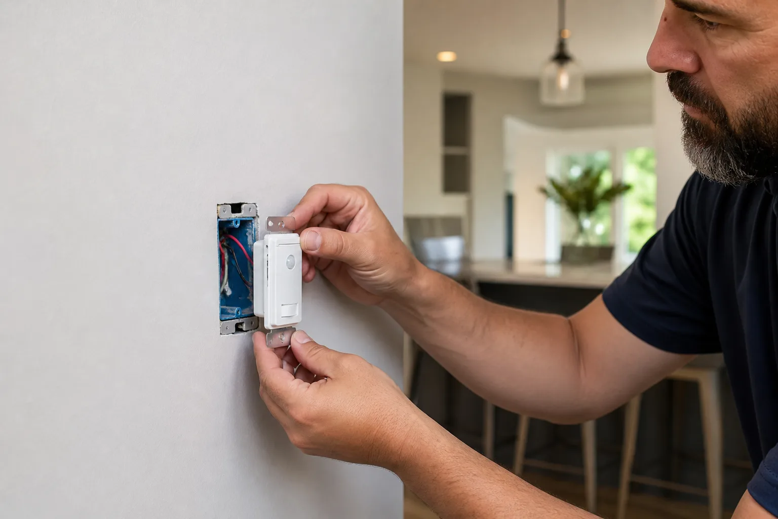 Electrician installing an occupancy sensor switch