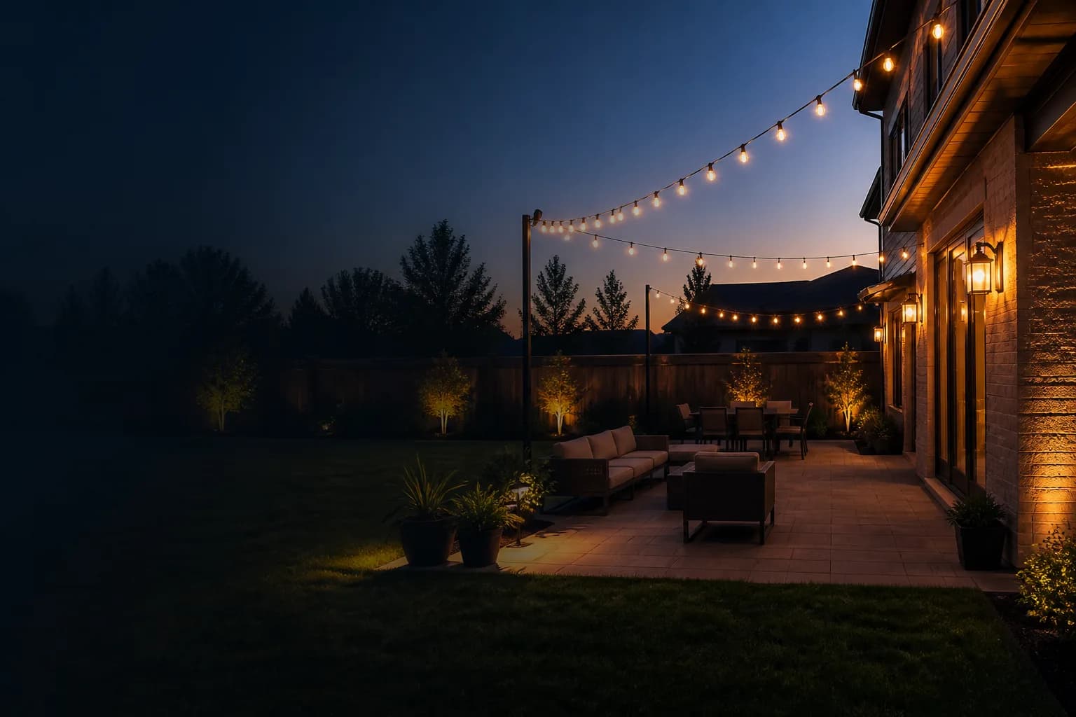 Professionally installed patio lighting in an upscale backyard at dusk