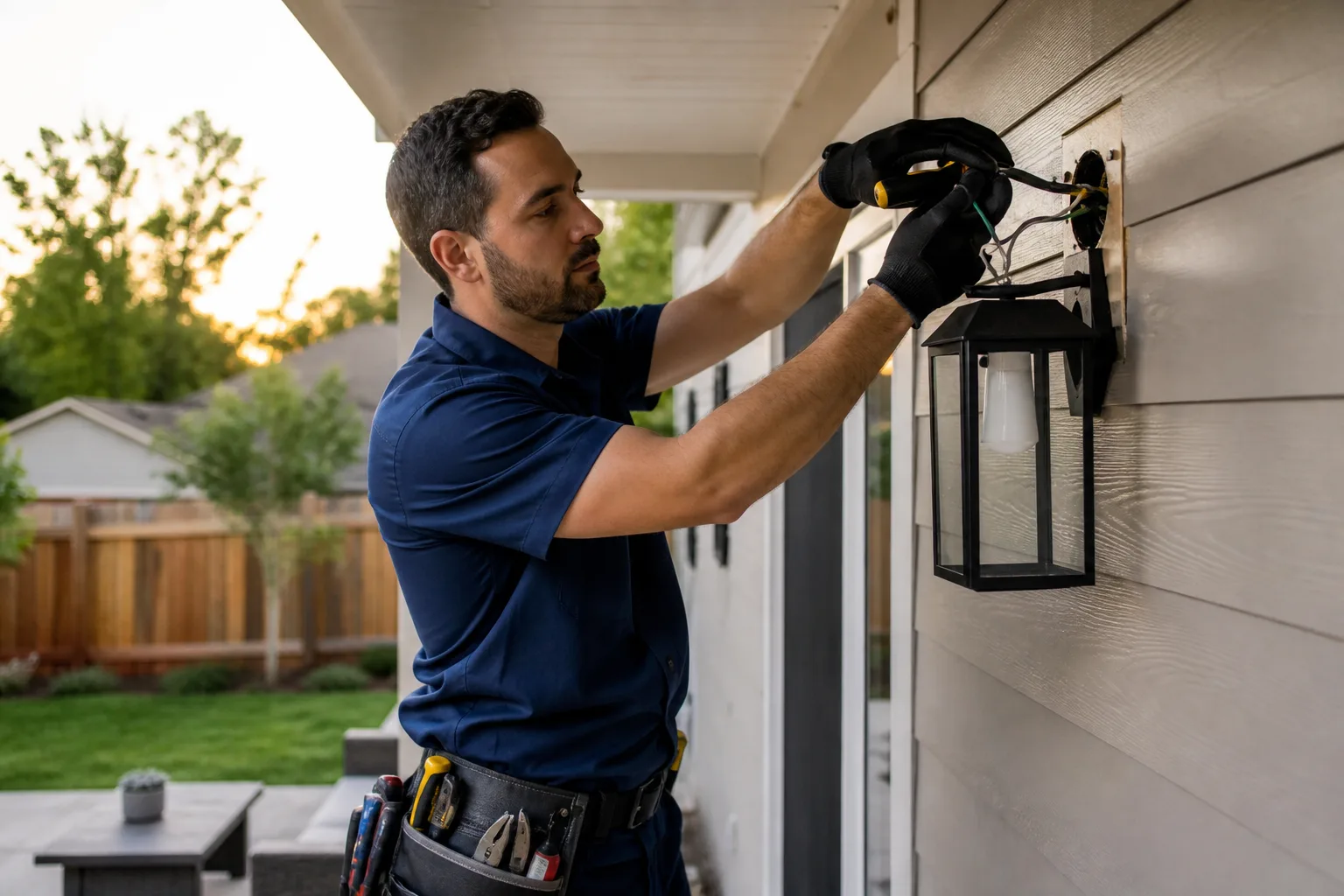 Electrician installing outdoor patio lighting in a residential backyard