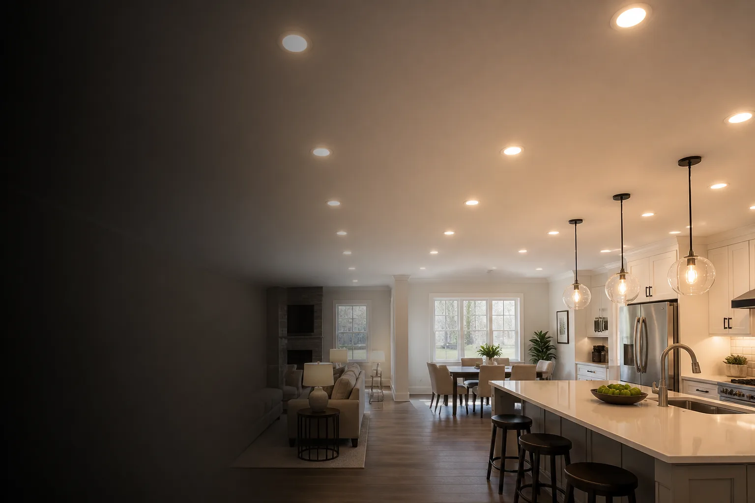 Recessed lighting installed in a modern living room ceiling