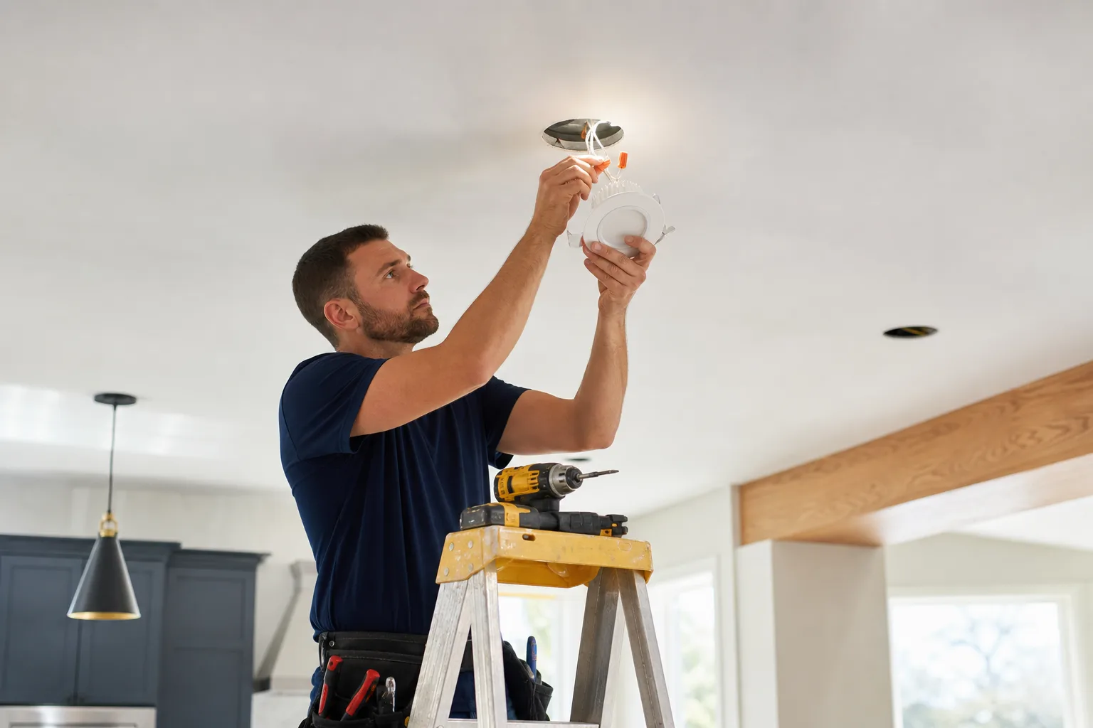 Electrician installing a recessed light fixture in a ceiling