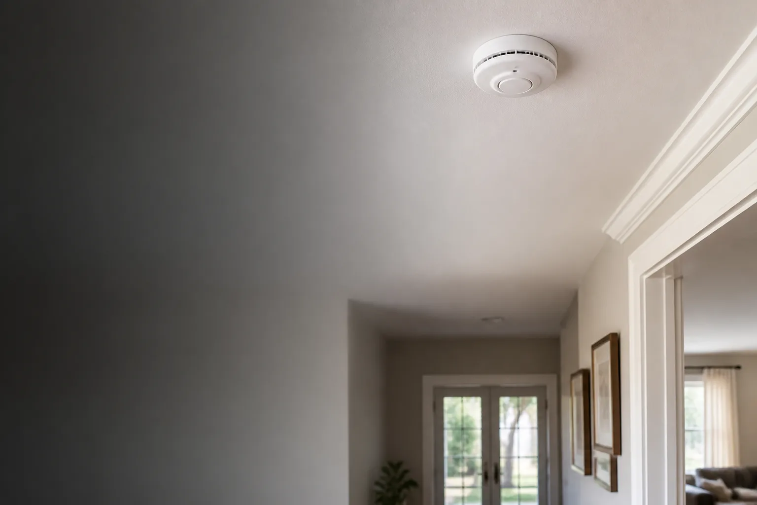 Ceiling-mounted smoke detector in a residential hallway
