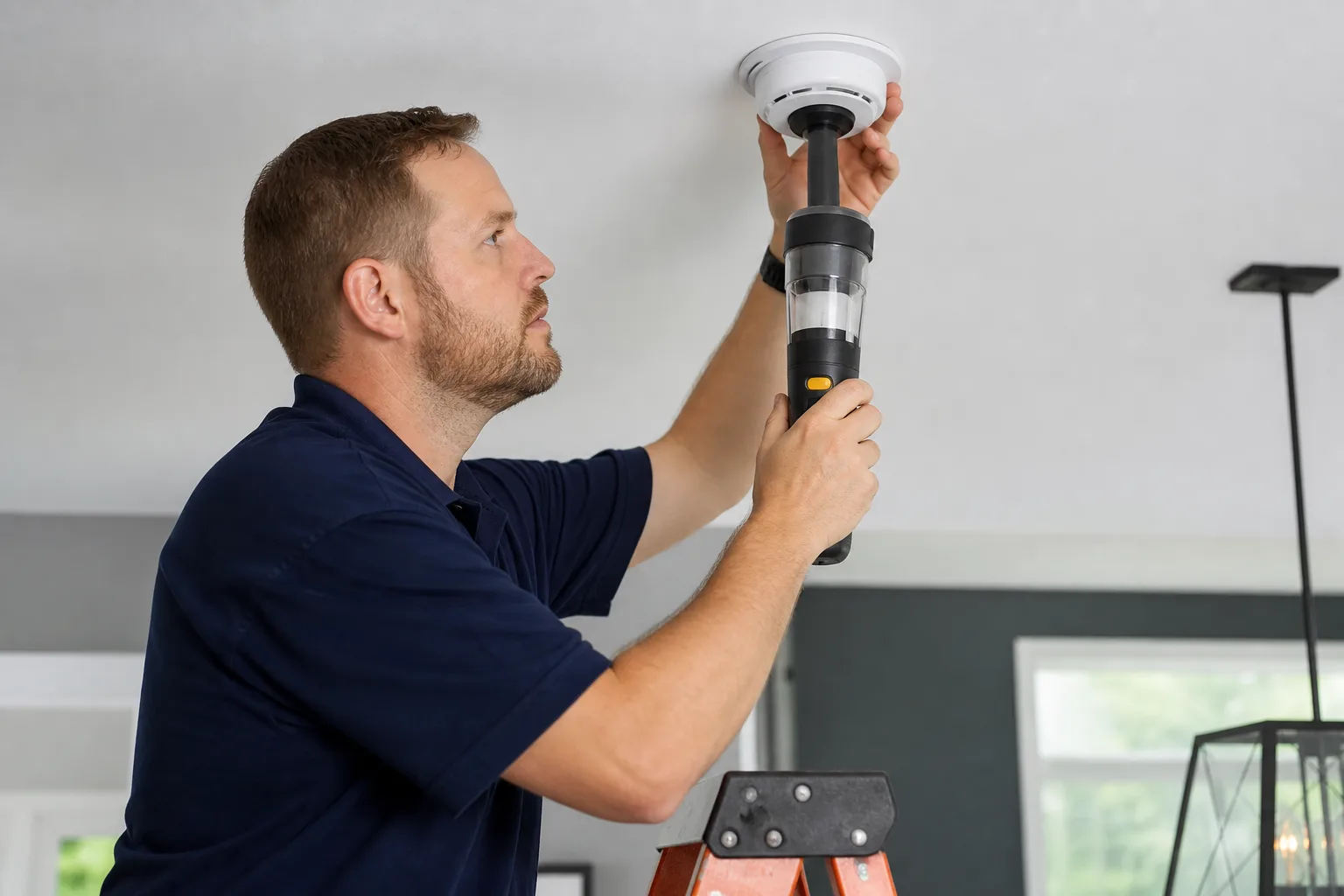 Electrician testing a smoke detector with professional inspection equipment