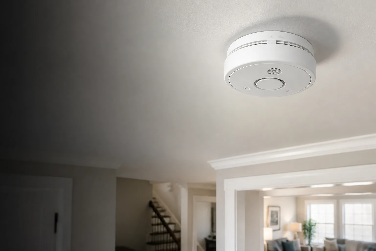 Newly installed smoke detector on a residential ceiling