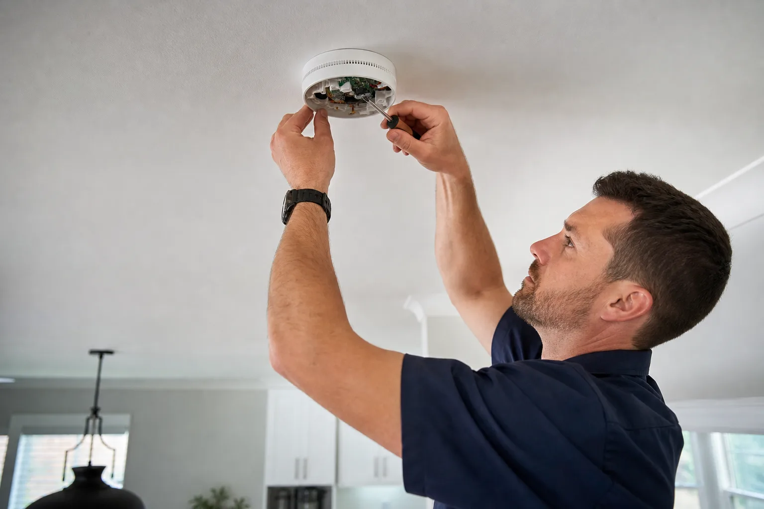 Electrician troubleshooting and repairing a smoke detector