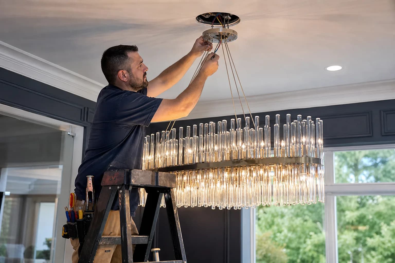 Electrician installing a specialty light fixture in a residential home