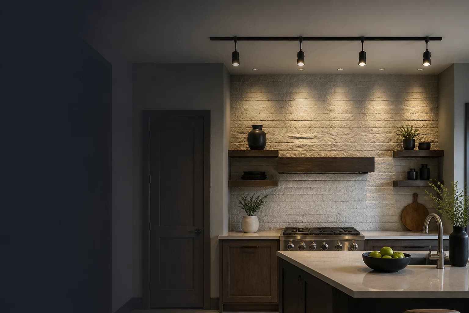 Track lighting installed in a modern residential kitchen ceiling