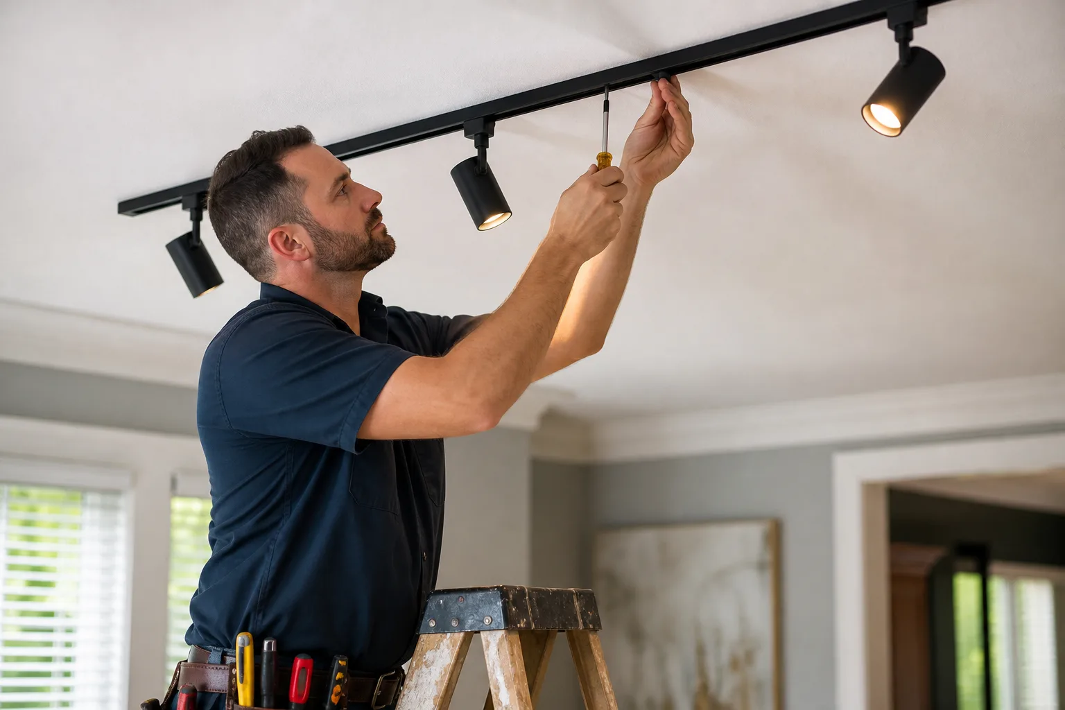 Electrician installing a track lighting system on a home ceiling