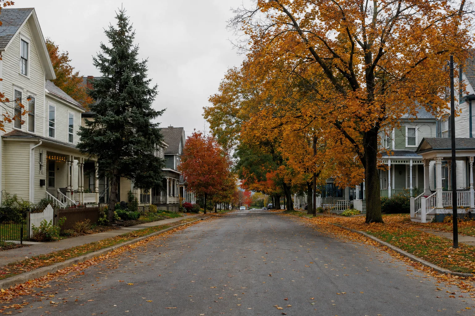 Historic village street in Ballston Spa, NY with nineteenth-century wooden houses, front porches and autumn trees
