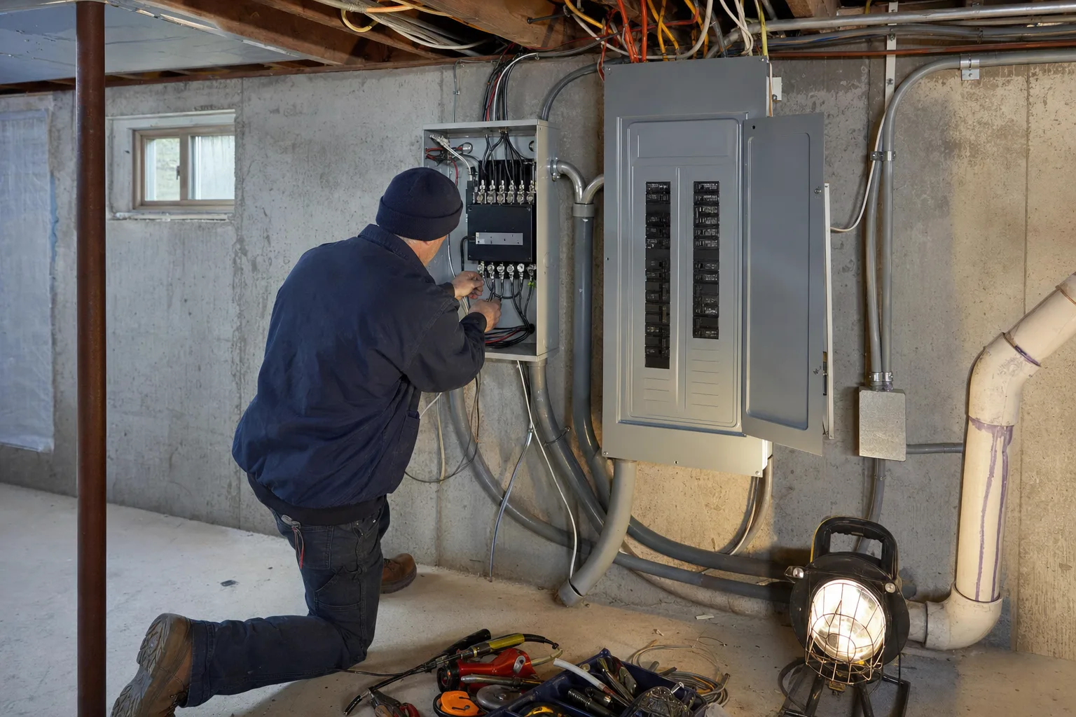 Electrician wiring an automatic transfer switch mounted next to the main electrical panel in a basement utility room
