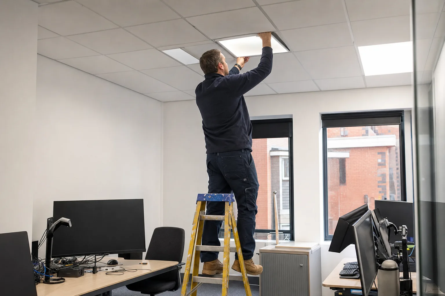 Electrician on a stepladder installing a flat LED ceiling panel in a small commercial office