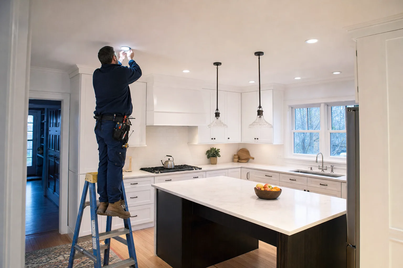 Electrician on a short ladder installing a recessed LED light in a renovated kitchen of an older colonial home