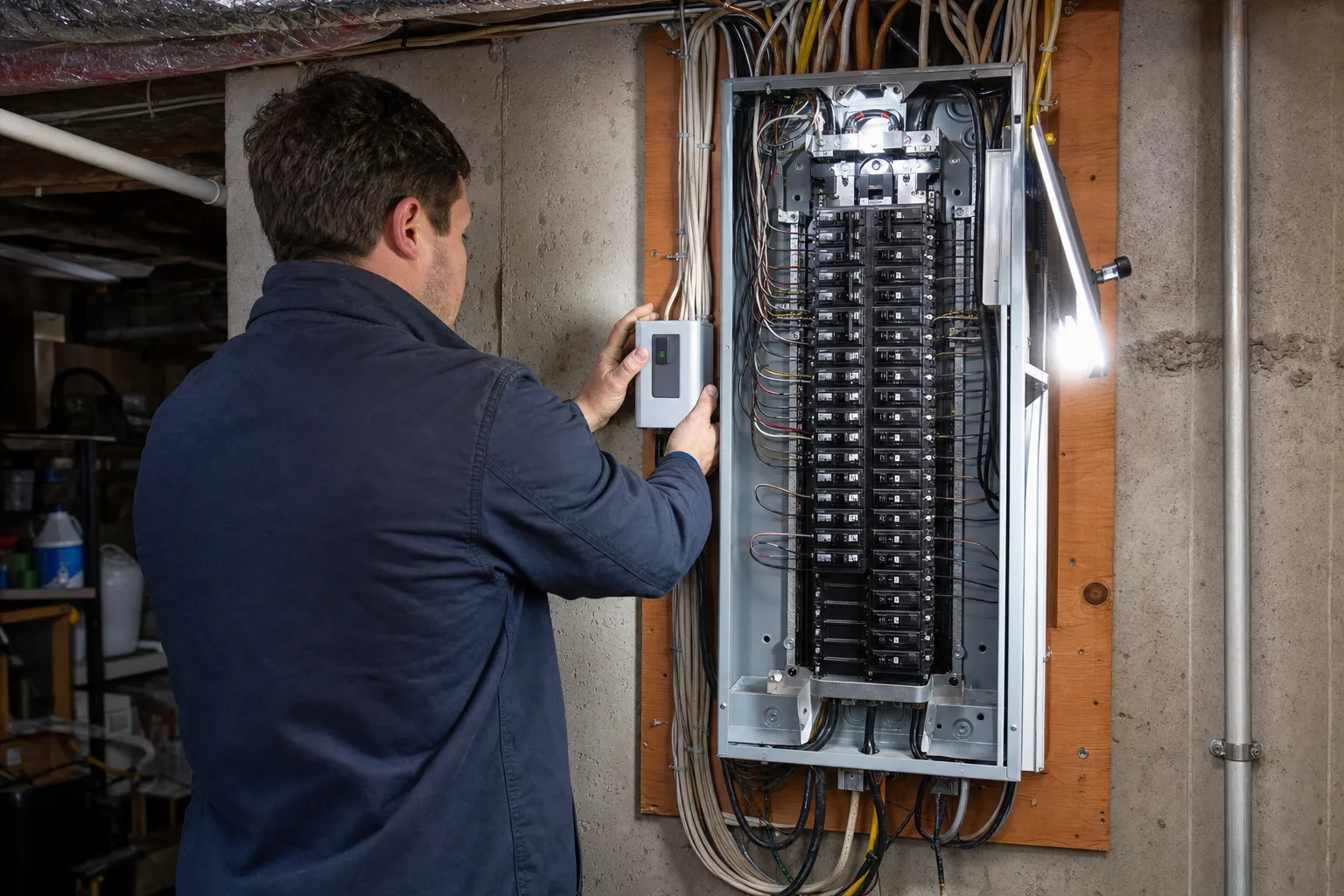 Electrician installing a compact whole-house surge protector on the side of a residential breaker panel