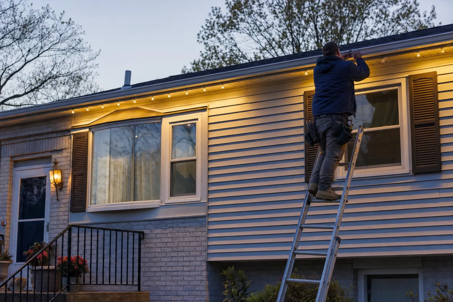 Electrician on an extension ladder installing permanent LED roofline lighting on a raised ranch at dusk