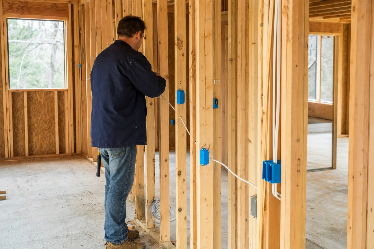 Electrician pulling new cable through drilled studs during rough-in on a new construction house with blue outlet boxes