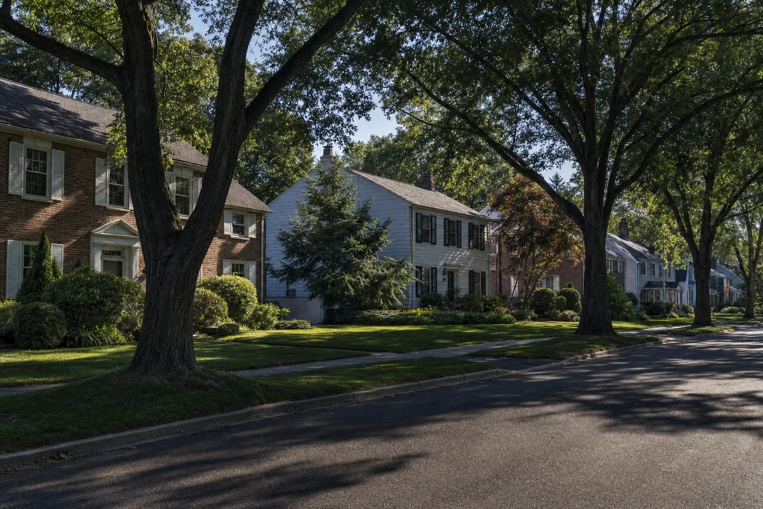Quiet Niskayuna, NY residential street with mid-century brick and clapboard colonial homes under large oak trees