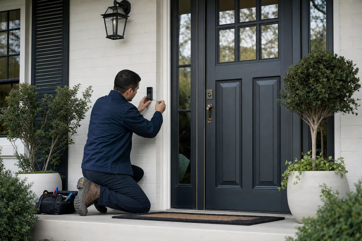 Electrician installing a smart video doorbell beside the front door of a mid-century colonial home