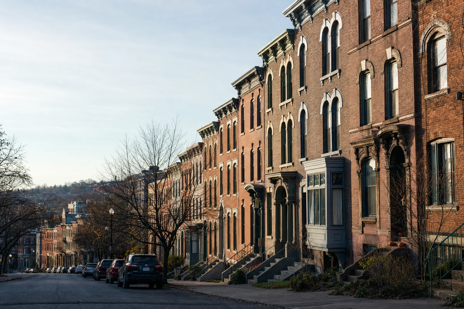 Street of narrow nineteenth-century brick row houses with ornate cornices and arched windows in Troy, NY