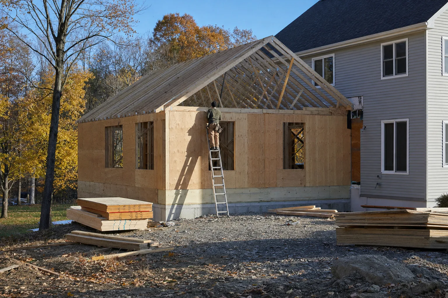 Home addition under construction with new framing and roof trusses on an upstate New York house