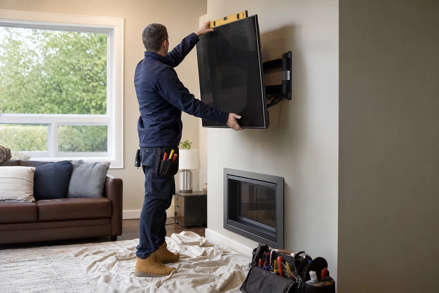 Technician leveling a large TV on an articulating wall mount in a living room