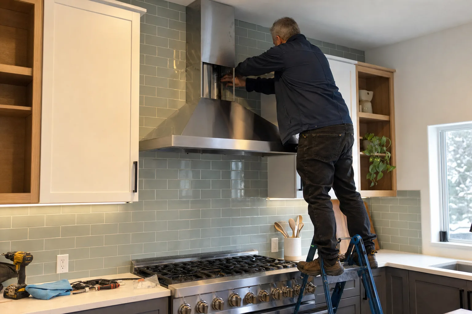 Technician installing a stainless steel wall-mount range hood above a gas range
